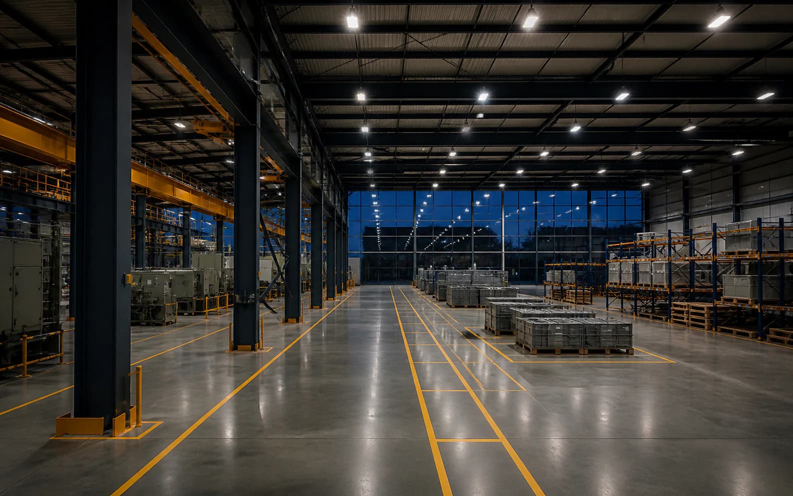 Visualisasi konsep pencahayaan highbay untuk fasilitas produksi dan gudang